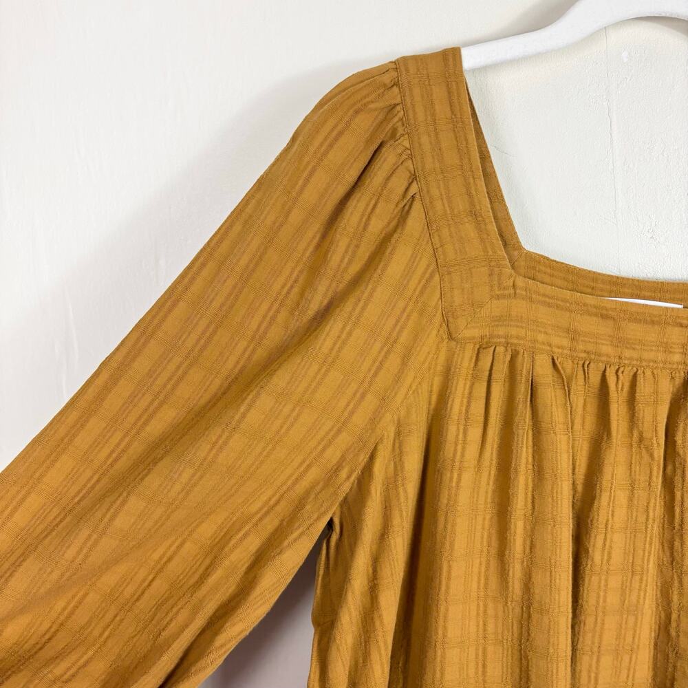 Madewell Lightweight Cotton Square Neck Bubble Sleeve Top in Antique Gold Plaid - Picture 4 of 10